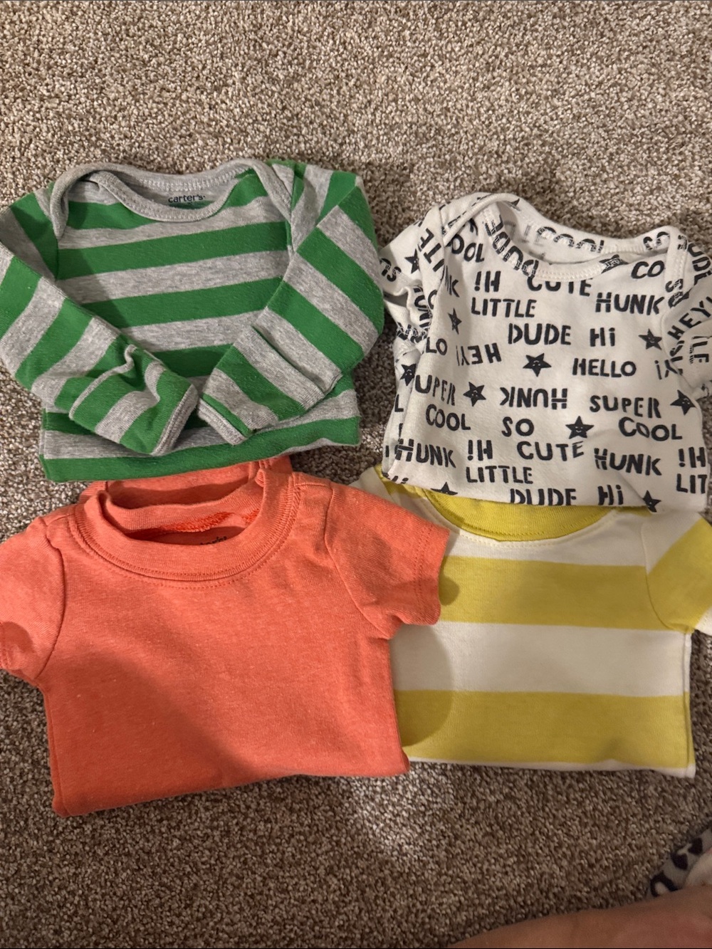 Carter's Multi-Pack Baby onesie in Green, Gray, Coral & Yellow Stripes